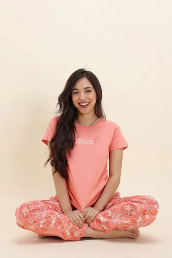 Buy Zivame Knit Cotton Pyjama Set - Burnt Coral